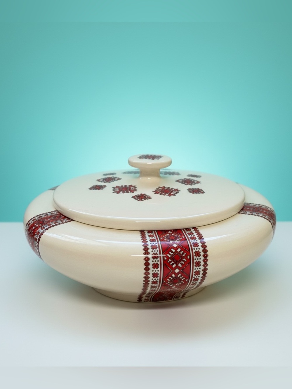 Vintage Ukrainian Hand Crafted Ceramic Lidded Serving Bowl Traditional Pattern